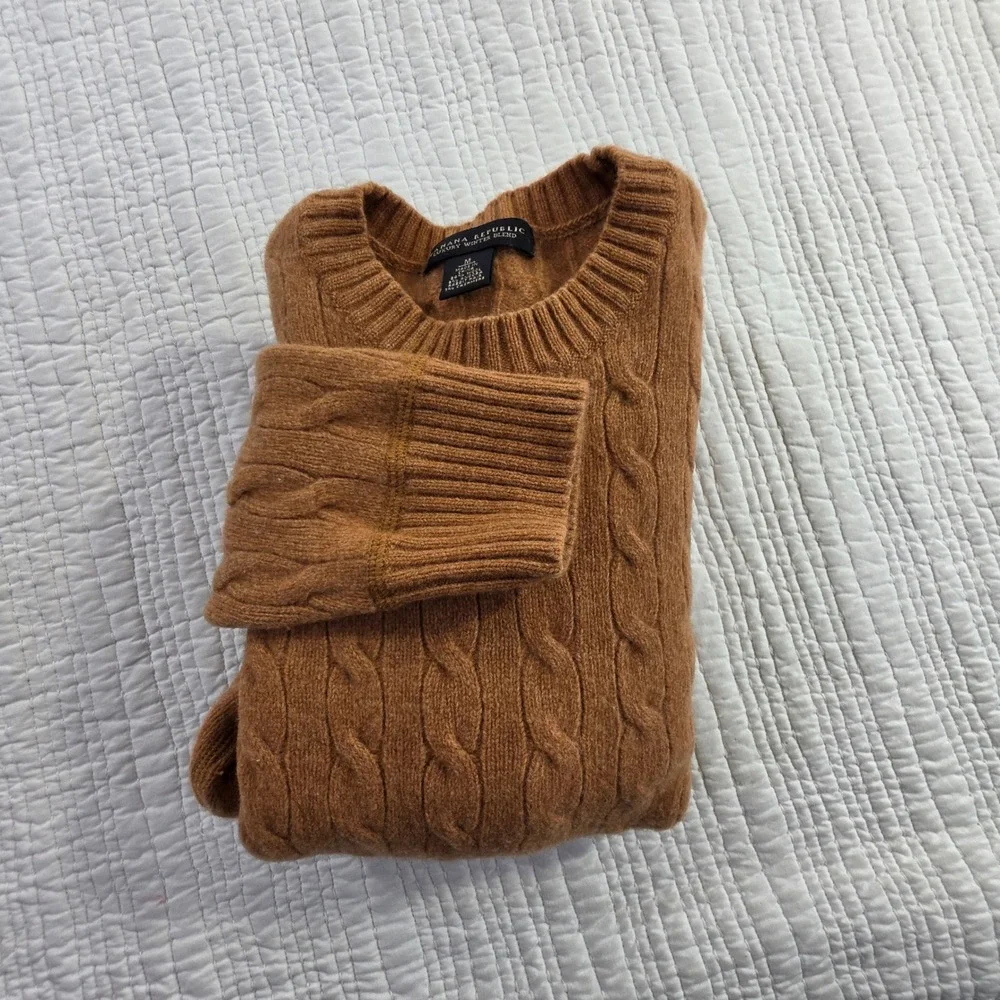 Banana Republic Angora Cashmere Wool Cable Knit Sweater Camel Mens M Flawed